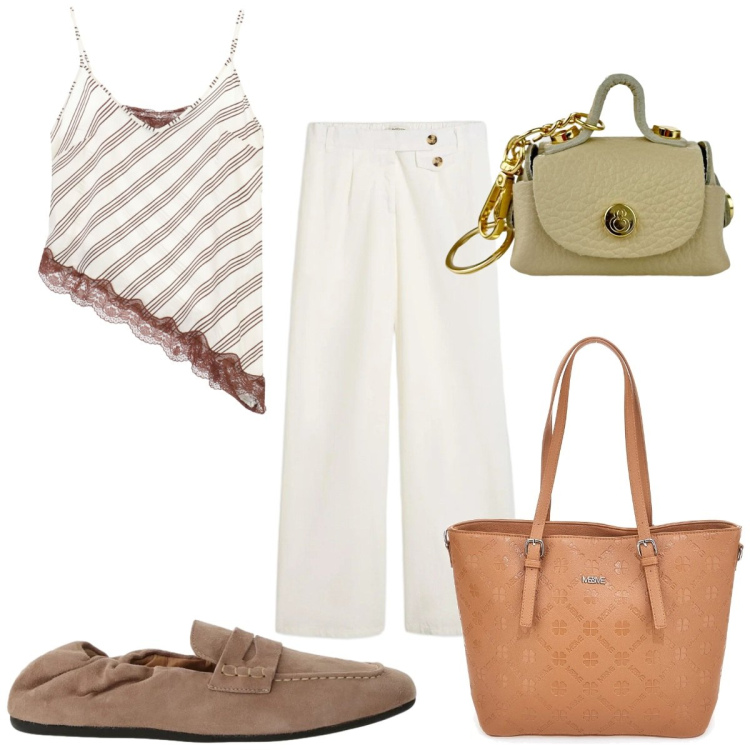Outfit donna - Total look #2464771. Stile Trendy per Tutti i giorni. Abbinamento con pantaloni, mocassini, top, portachiavi, borse a tracolla.