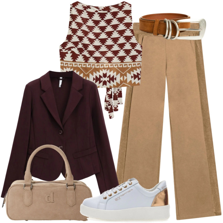 Outfit donna - Settembre. Stile Casual chic per Tutti i giorni. Abbinamento con pantaloni, blazer, borse a mano, top, cinture, sneakers.
