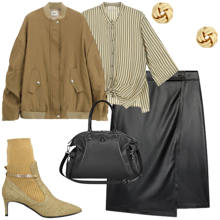 Outfit donna - City. Stile Trendy per Tutti i giorni. Abbinamento con stivaletti, camicie, bomber, gonne longuette, shopping bag, orecchini.