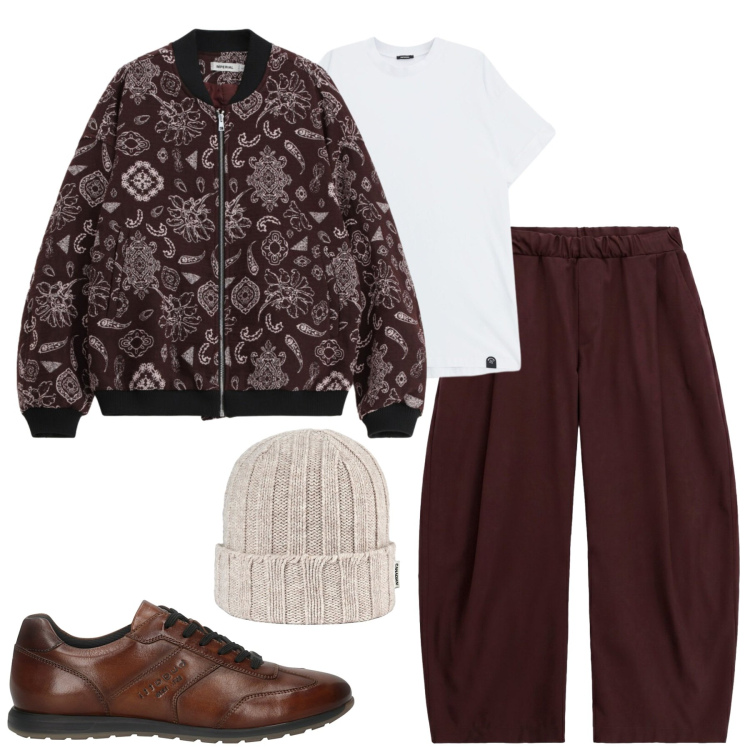 Outfit uomo - Fall. Stile Casual per Tutti i giorni. Abbinamento con pantaloni, bomber, t-shirt, cappelli, sneakers.
