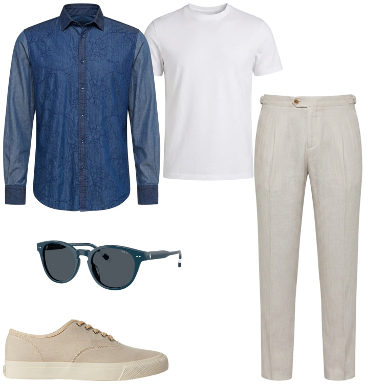 Outfit uomo - Camicia in denim e pantaloni neutro. Stile Casual per Tutti i giorni. Abbinamento con pantaloni chino, camicie, t-shirt, sneakers, occhiali da sole.