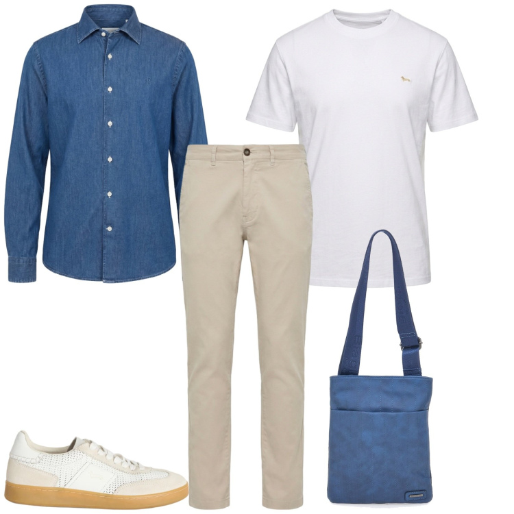 Outfit uomo - La camicia in denim. Stile Casual per Tutti i giorni. Abbinamento con sneakers, pantaloni, camicie, t-shirt, portafogli.