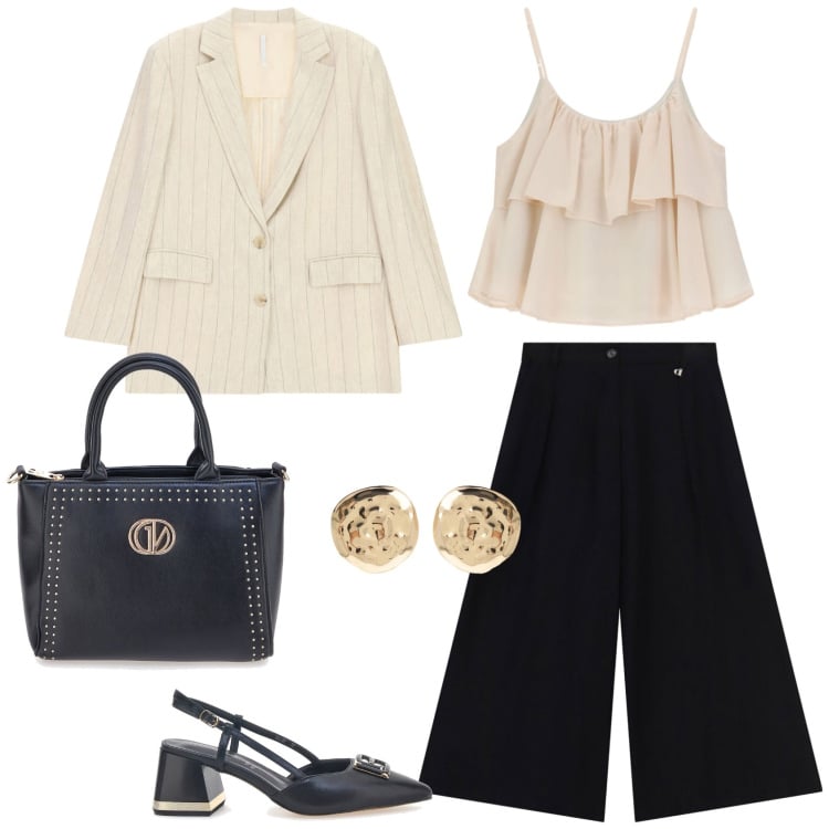 Outfit donna - Back to office. Stile Casual chic per Ufficio. Abbinamento con blazer, orecchini, pantaloni a palazzo, top, décolleté, borse a mano.