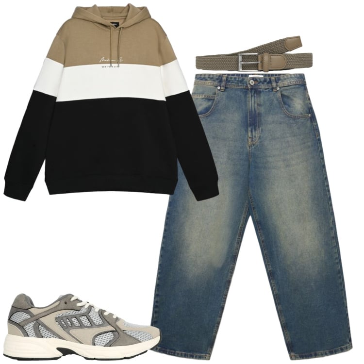 Outfit uomo - Settembre. Stile Casual per Tutti i giorni. Abbinamento con cinture, jeans, sneakers, felpe con cappuccio.