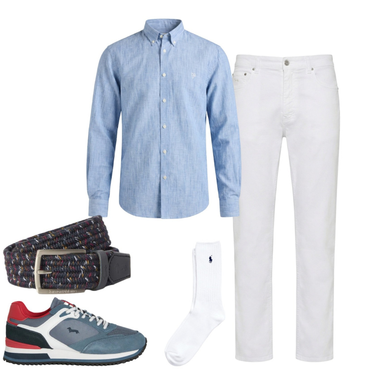 Outfit uomo - Tempo libero. Stile Casual per Tutti i giorni. Abbinamento con pantaloni, sneakers, camicie, cinture, calzini.