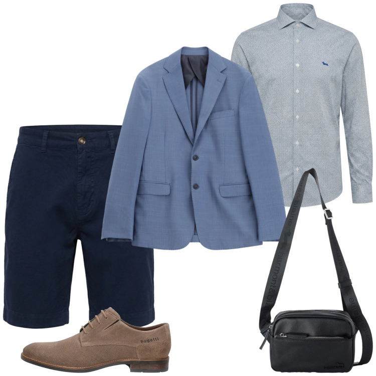 Outfit uomo - Settembre in bermuda. Stile Casual per Ufficio. Abbinamento con camicie, bermuda, borse sportive, giacche, scarpe stringate.