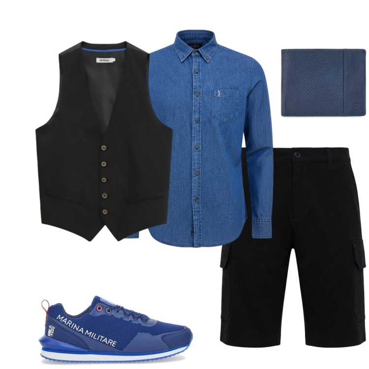 Outfit uomo - Total look #2464799. Stile Trendy per Tutti i giorni. Abbinamento con gilet, pantaloni corti, portafogli, sneakers, camicie.