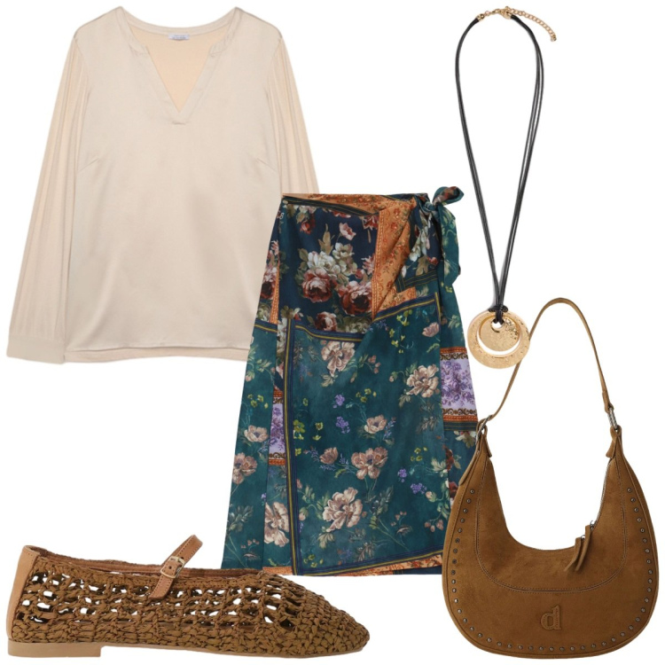 Outfit donna - Total look #2464803. Stile Etnico per Tutti i giorni. Abbinamento con borse a spalla, ballerine, gonne longuette, ciondoli, t-shirt.
