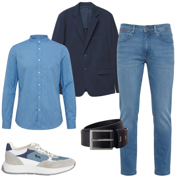 Outfit uomo - Denim in ufficio. Stile Casual per Ufficio. Abbinamento con sneakers, camicie, jeans slim fit, cinture, giacche.