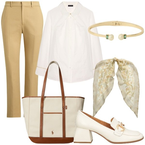 Outfit donna - look da ufficio Chic. Stile Glamour per Ufficio. Abbinamento con mocassini, camicie, borse tote, foulard, pantaloni, braccialetti.