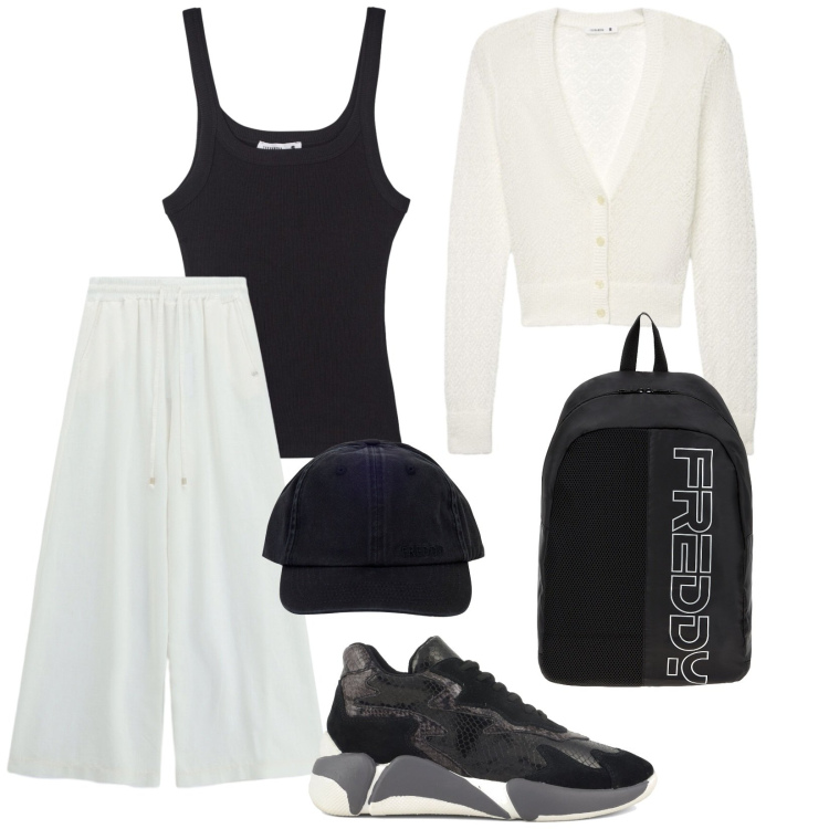 Outfit donna - 15 settembre. Stile Casual per Scuola/Università. Abbinamento con canottiere, cardigans, pantaloni a palazzo, zaini, cappelli con visiera, sneakers alte.