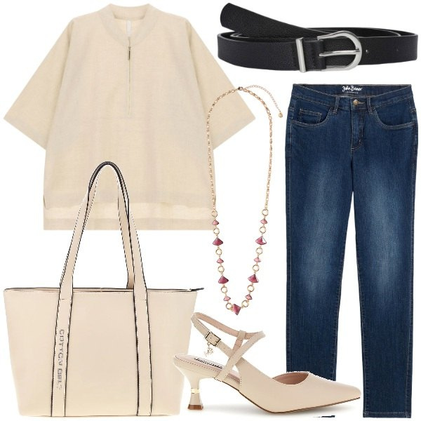 Outfit donna - Denim e colori neutri. Stile Chic per Ufficio. Abbinamento con jeans dritti, camicie a manica corta, cinture, collane, décolleté, shopping bag.