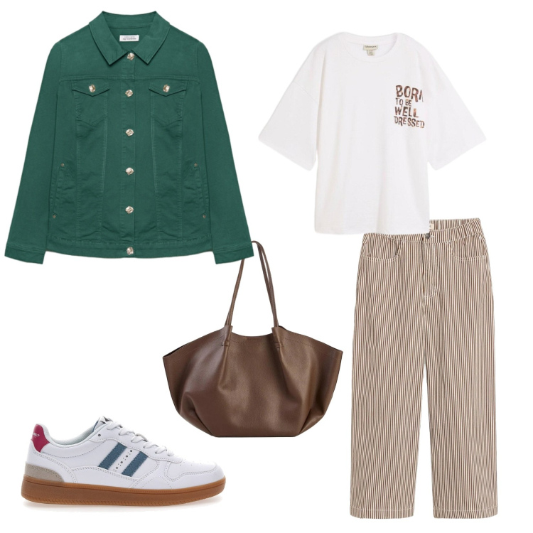 Outfit donna - Millenial mum. Abbinamento con pantaloni, t-shirt, shopping bag, blazer, sneakers.