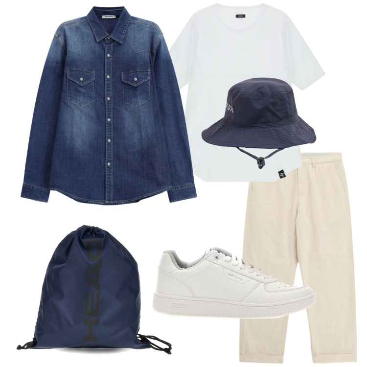 Outfit uomo - Denim e neutro. Stile Trendy per Tutti i giorni. Abbinamento con pantaloni, camicie, t-shirt, cappelli, sneakers, borse sportive.