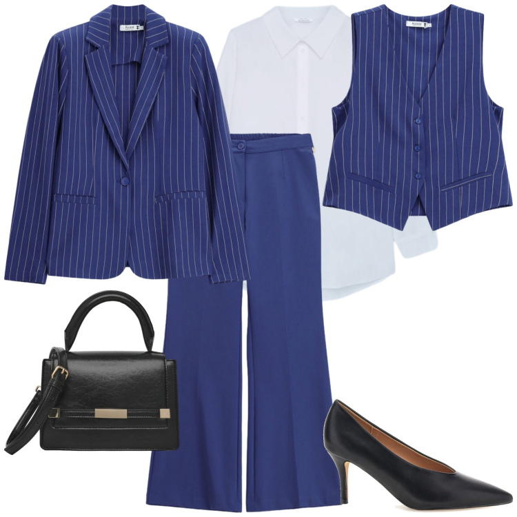 Outfit donna - Il rientro al lavoro. Stile Chic per Ufficio. Abbinamento con pantaloni a palazzo, borse a spalla, blazer, gilet, camicie, décolleté.