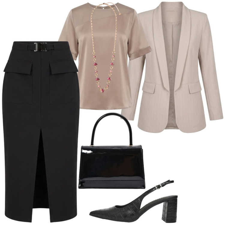 Outfit donna - Gonna a matita e blazer gessato. Stile Casual chic per Ufficio. Abbinamento con gonne longuette, décolleté, borse a mano, bluse, collane, blazer.