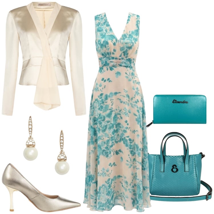 Outfit donna - Cerimonia a settembre. Stile Chic per Cerimonia. Abbinamento con vestiti lunghi, blazer, décolleté, borse a mano, portafogli, orecchini.