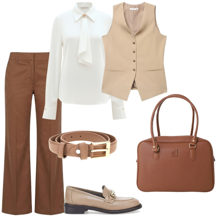 Outfit donna - Rientro in città. Stile Casual per Ufficio. Abbinamento con pantaloni, borse a mano, gilet, camicie, mocassini, cinture.