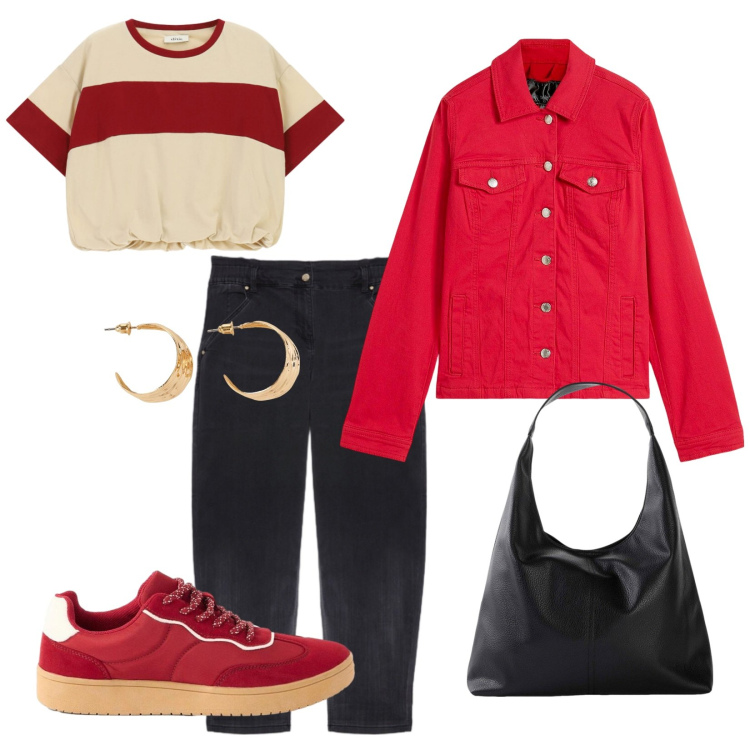 Outfit donna - Red passion. Abbinamento con blazer, shopping bag, orecchini, sneakers, t-shirt, jeans.