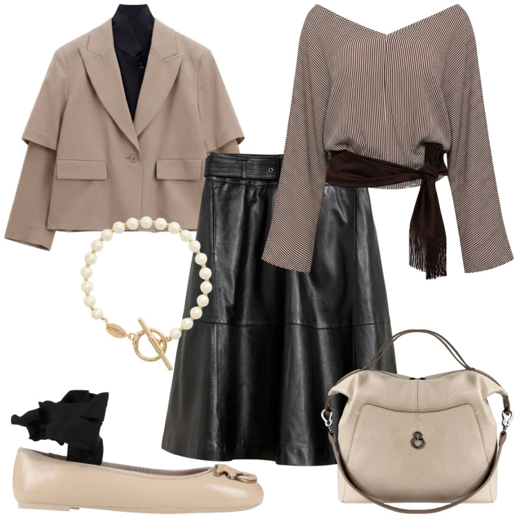 Outfit donna - Chic casual. Stile Casual chic per Tutti i giorni. Abbinamento con ballerine, gonne, top, blazer, borse a mano, braccialetti.