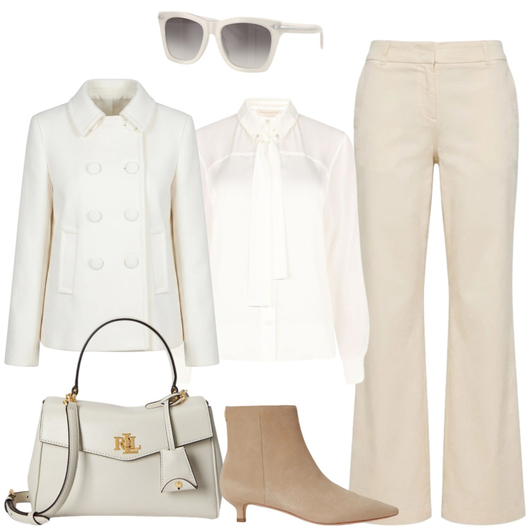 Outfit donna - Total look #2464898. Stile Chic per Ufficio. Abbinamento con pantaloni, blazer, camicie, borse a mano, stivaletti, occhiali da sole.