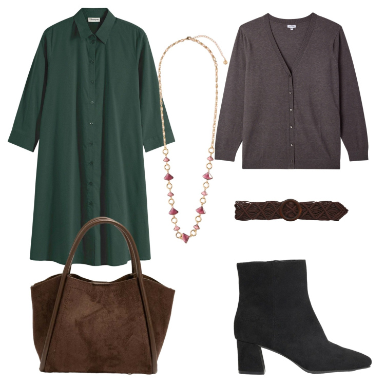 Outfit donna - Verde e marrone. Stile Boho per Tutti i giorni. Abbinamento con collane, borse a spalla, cardigans, cinture, vestiti chemisier, stivaletti.