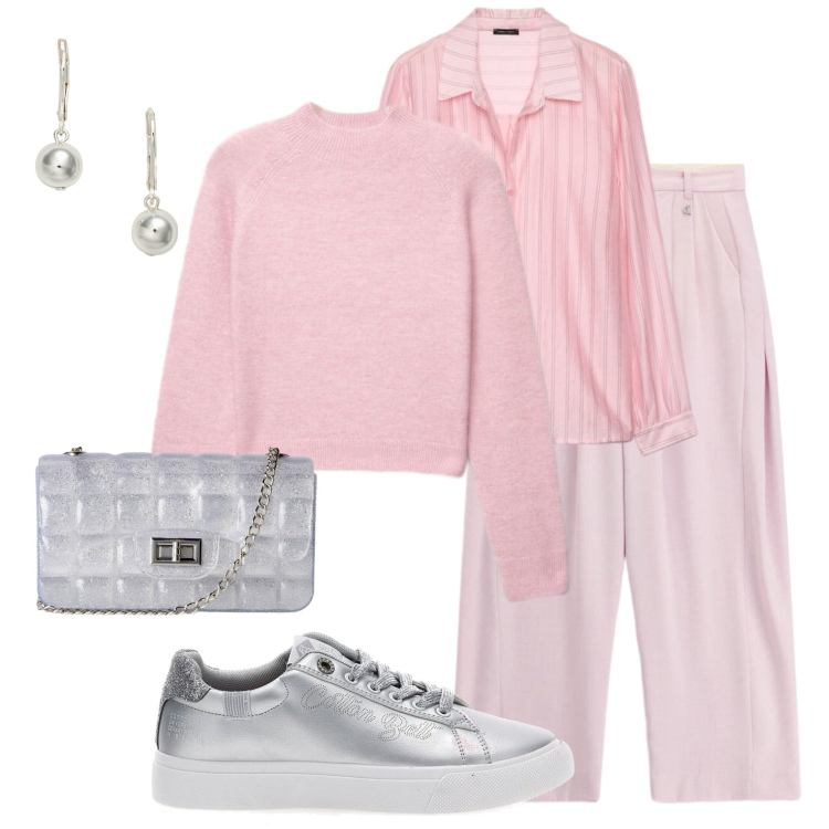 Outfit donna - Rosa con tocchi d\'argento. Stile Bon Ton per Tutti i giorni. Abbinamento con borse a tracolla, pullovers, pantaloni a palazzo, camicie, orecchini, sneakers.