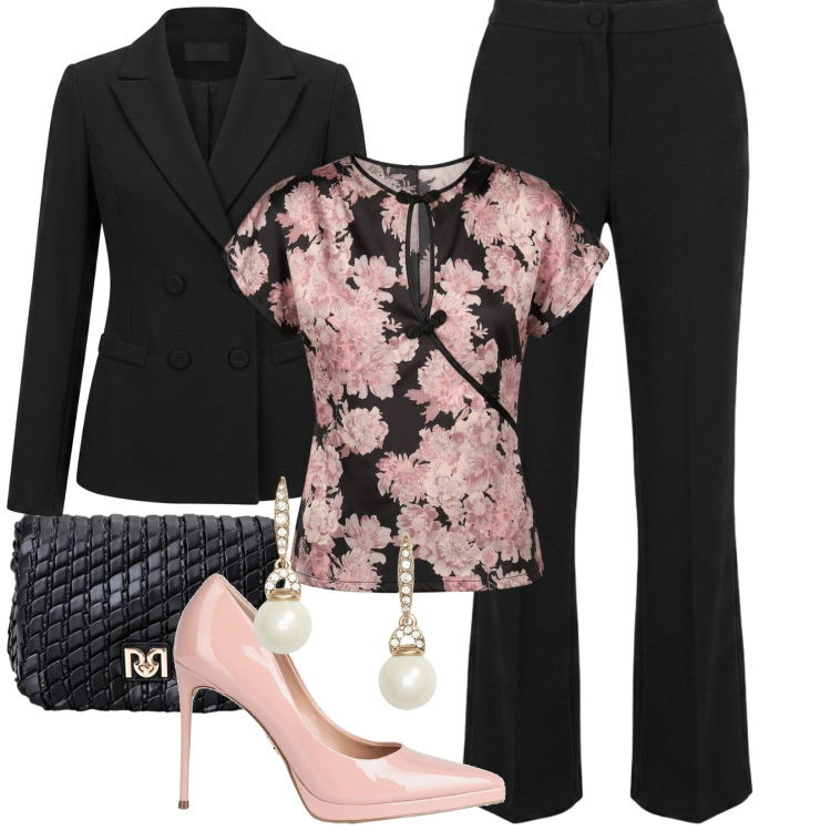 Outfit donna - Completo Nunalie. Stile Chic per Serata fuori. Abbinamento con décolleté, borse a tracolla, pantaloni, top, blazer, orecchini.