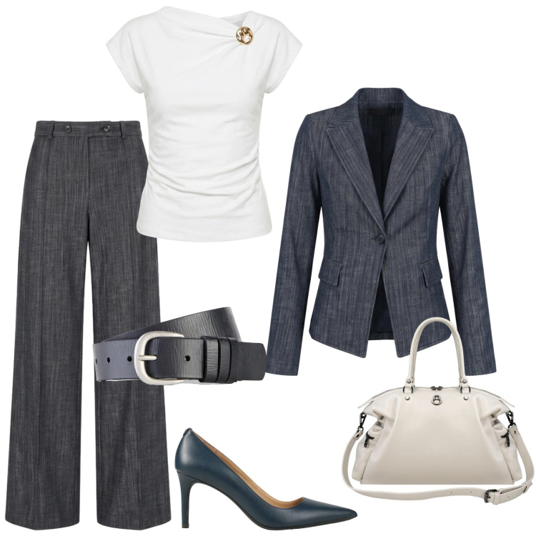 Outfit donna - Total look #2464912. Stile Casual chic per Tutti i giorni. Abbinamento con décolleté, cinture, shopping bag, blazer, t-shirt, jeans.