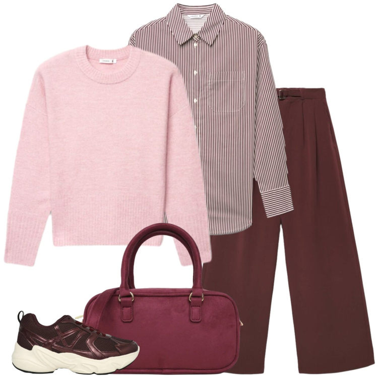 Outfit donna - Color vino. Stile Casual per Scuola/Università. Abbinamento con camicie, maglieria, sneakers, borse a tracolla, pantaloni a palazzo.