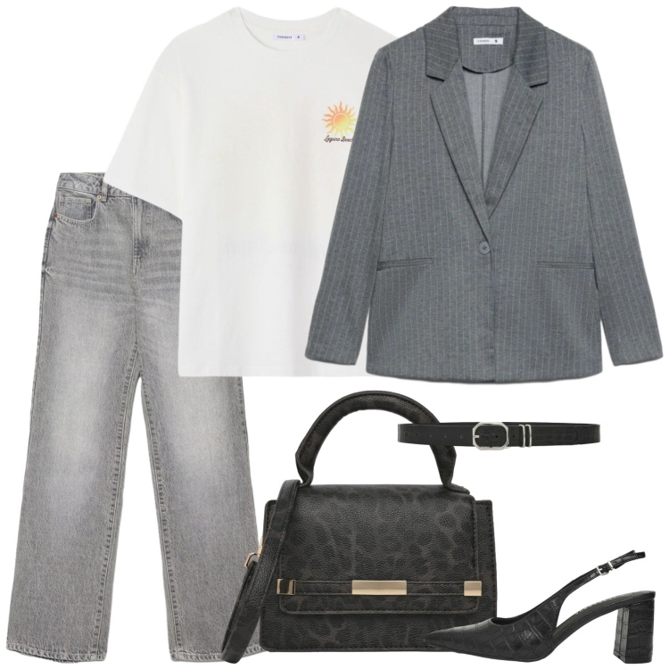 Outfit donna - Tacchi e t-shirt. Stile Mannish per Ufficio. Abbinamento con décolleté, t-shirt, jeans dritti, borse a tracolla, cinture, blazer.