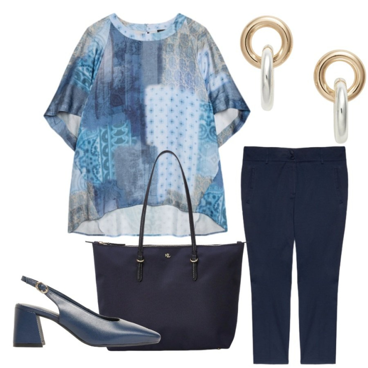 Outfit donna - Total look #2464918. Stile Casual chic per Tutti i giorni. Abbinamento con décolleté, bluse, pantaloni, borse tote, orecchini.