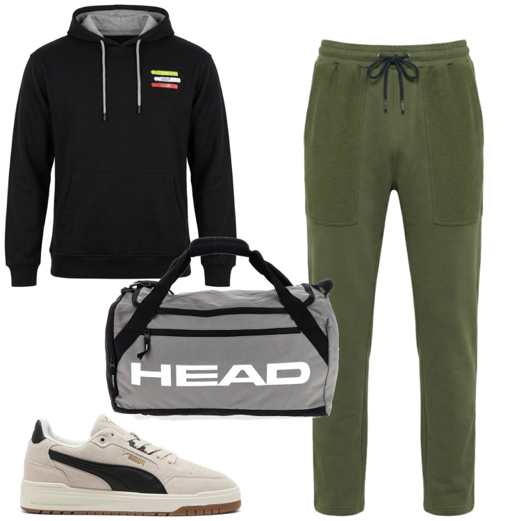 Outfit uomo - Weekend. Stile Casual per Tutti i giorni. Abbinamento con pantaloni, sneakers, felpe con cappuccio, borse sportive.