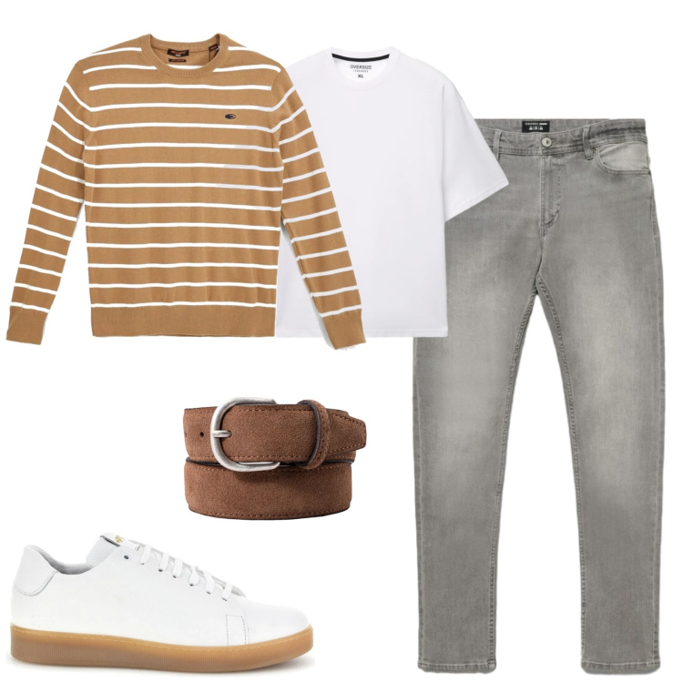 Outfit uomo - City. Stile Casual per Tutti i giorni. Abbinamento con t-shirt, jeans skinny, cinture, pullovers, sneakers.