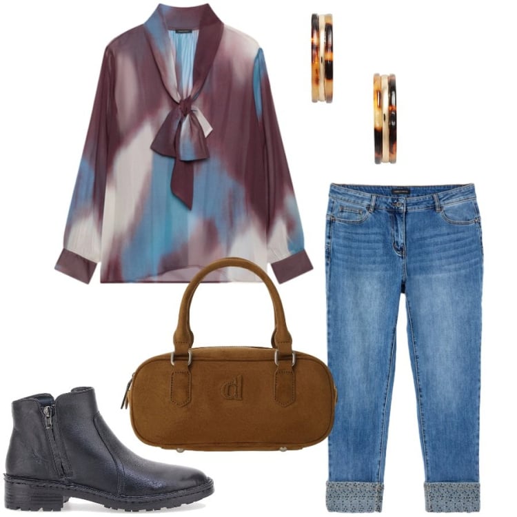 Outfit donna - Total look #2464921. Stile Casual chic per Tutti i giorni. Abbinamento con borse a mano, jeans skinny, bluse, orecchini, stivaletti.