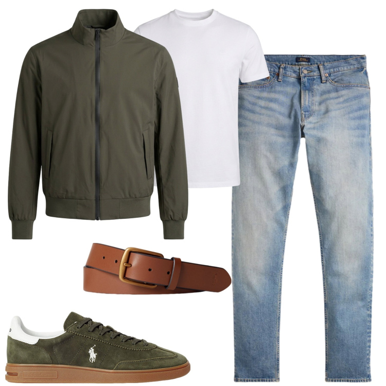 Outfit uomo - Settembre. Stile Casual per Tutti i giorni. Abbinamento con t-shirt, bomber, cinture, sneakers, jeans.