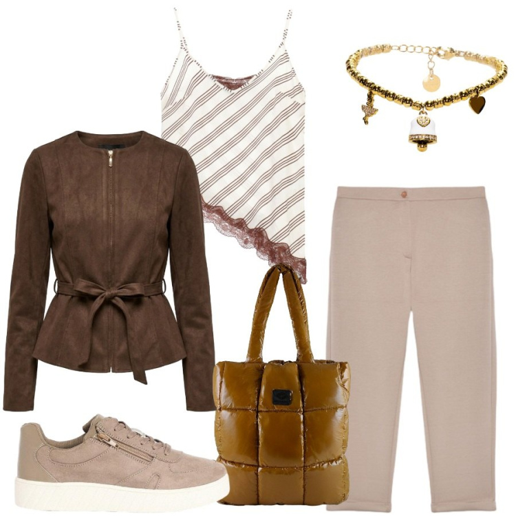 Outfit donna - Total look #2464923. Stile Casual chic per Tutti i giorni. Abbinamento con sneakers, top, braccialetti, pantaloni, shopping bag, blazer.