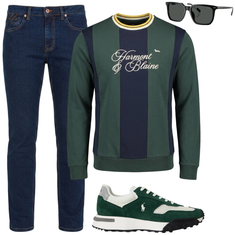 Outfit uomo - Settembre. Stile Casual per Tutti i giorni. Abbinamento con jeans, felpe, occhiali da sole, sneakers.