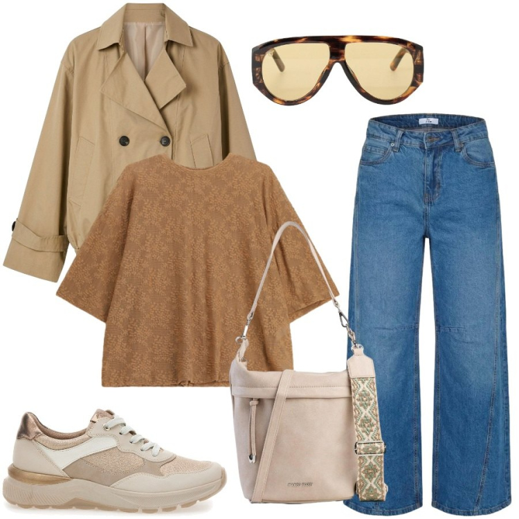 Outfit donna - Total look #2464925. Stile Casual chic per Tutti i giorni. Abbinamento con borse a tracolla, bluse, occhiali da sole, trench, jeans, sneakers.
