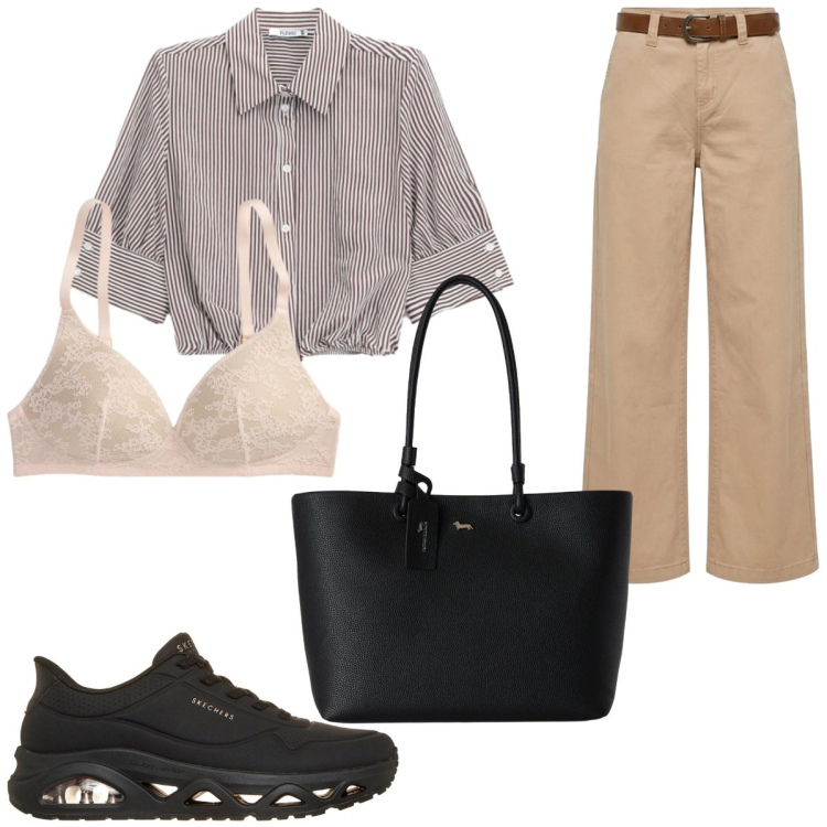 Outfit donna - Back to Office. Stile Casual per Ufficio. Abbinamento con shopping bag, camicie a manica corta, pantaloni, reggiseni, sneakers.