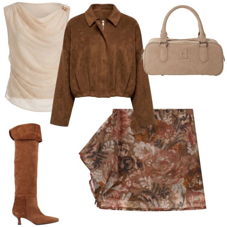 Outfit donna - City. Stile Trendy per Serata fuori. Abbinamento con stivali, borse a mano, top, minigonne, blazer.