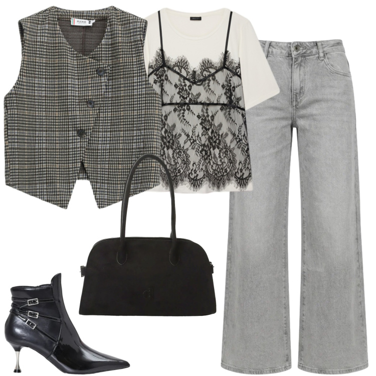 Outfit donna - Settembre. Stile Casual chic per Tutti i giorni. Abbinamento con borse a spalla, stivaletti, gilet, t-shirt, jeans a zampa.