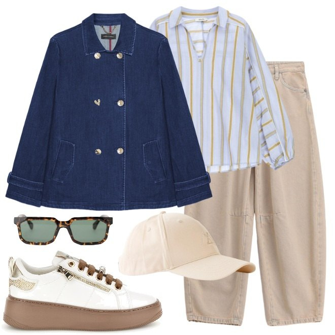 Outfit donna - Caban in denim. Stile Casual chic per Tutti i giorni. Abbinamento con cappelli con visiera, occhiali da sole, bluse, pantaloni a palazzo, trench, sneakers.