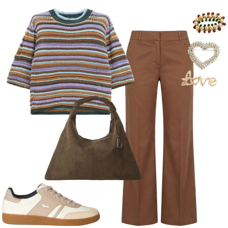 Outfit donna - City. Stile Casual chic per Tutti i giorni. Abbinamento con pantaloni, sneakers, borse a spalla, maglieria, accessori per capelli.