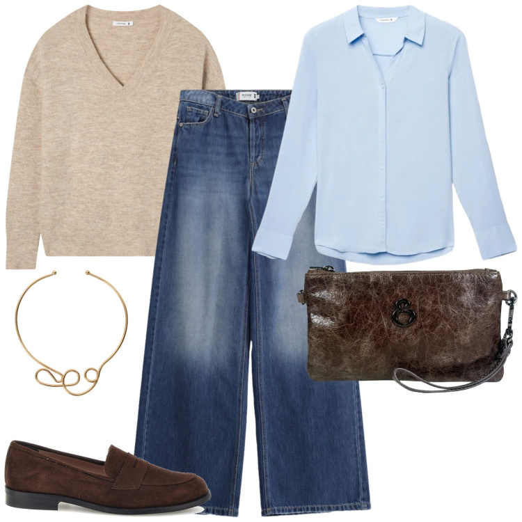 Outfit donna - City. Stile Casual chic per Tutti i giorni. Abbinamento con collane, maglieria, camicie, jeans, pochette, mocassini.