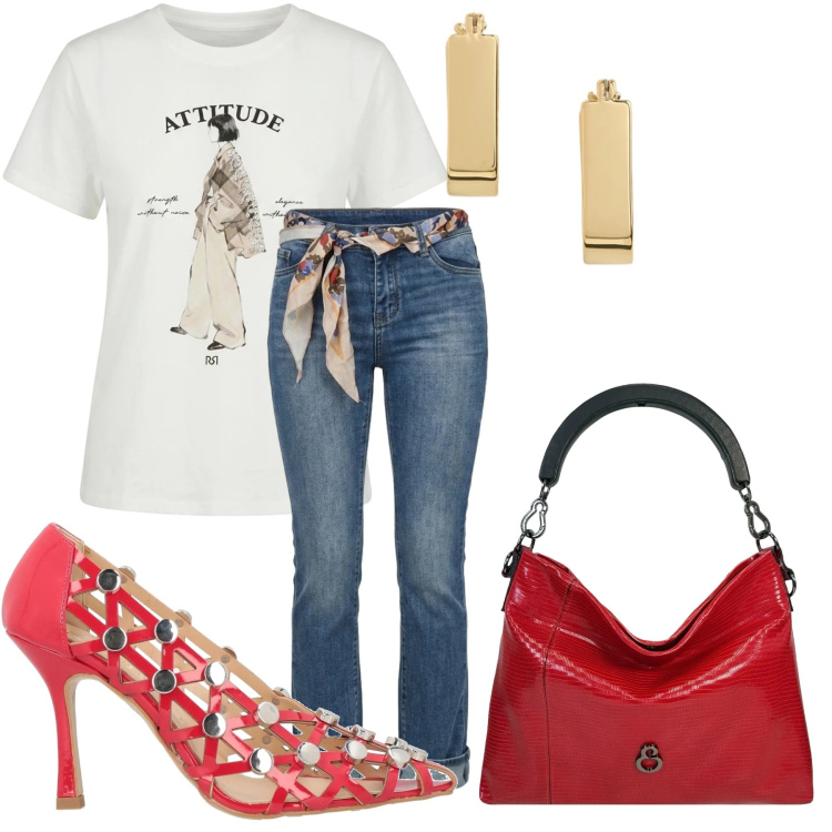 Outfit donna - stile anni 80. Stile Glamour per Tutti i giorni. Abbinamento con décolleté, t-shirt, borse a mano, jeans, orecchini.