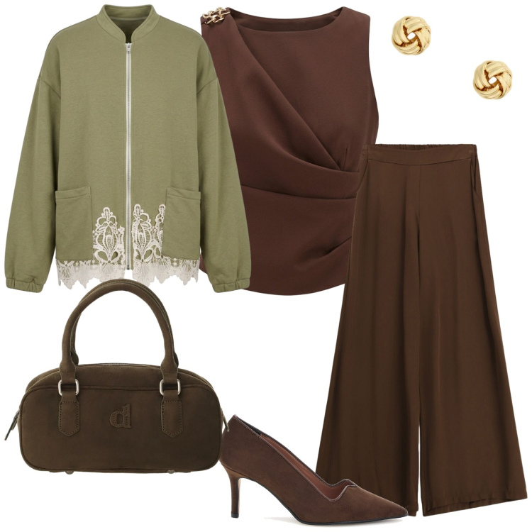 Outfit donna - Di venerdì. per Ufficio. Abbinamento con borse a mano, pantaloni a palazzo, felpe, canottiere, orecchini, décolleté.