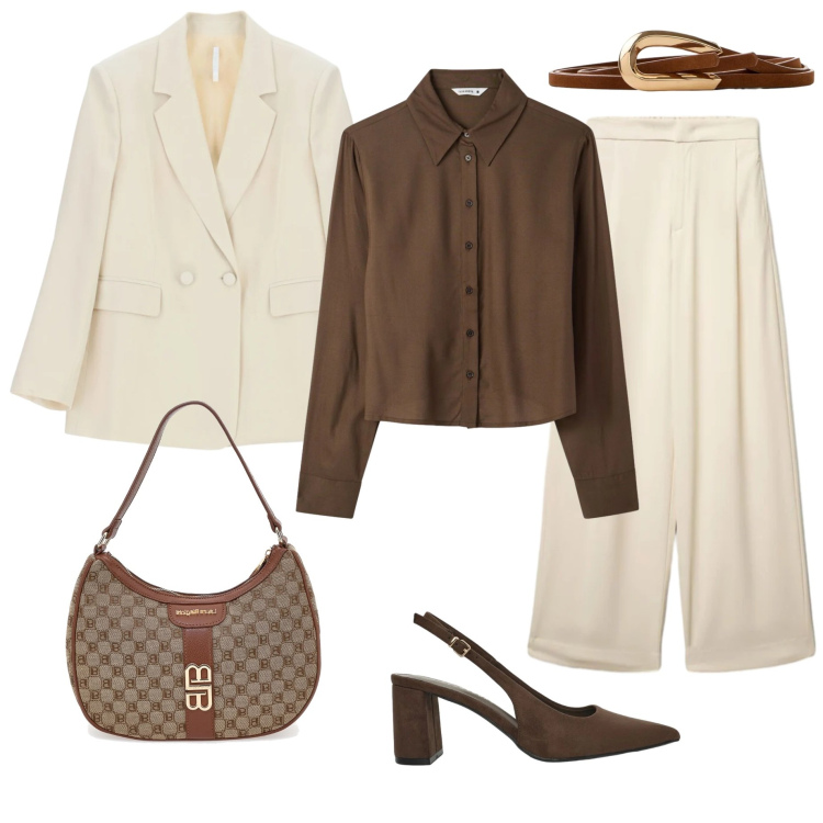 Outfit donna - Colori chiari anche a settembre. Stile Glamour per Serata fuori. Abbinamento con cinture, blazer, décolleté, pantaloni a palazzo, camicie, borse a spalla.