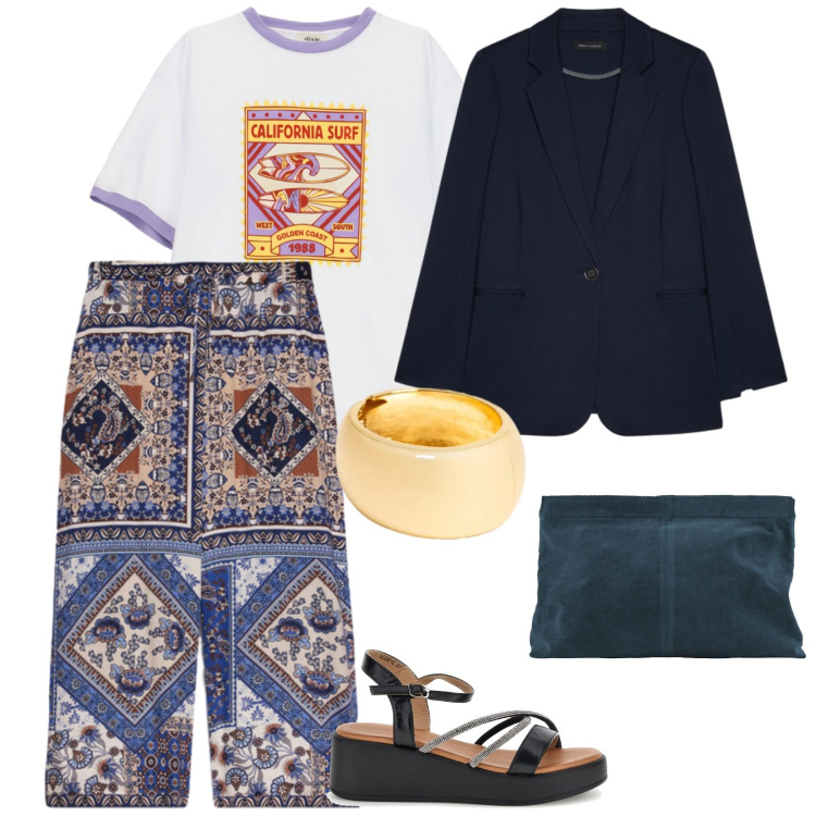 Outfit donna - Dopo il tramonto. per Tutti i giorni. Abbinamento con t-shirt, pochette, blazer, pantaloni, braccialetti, sandali.