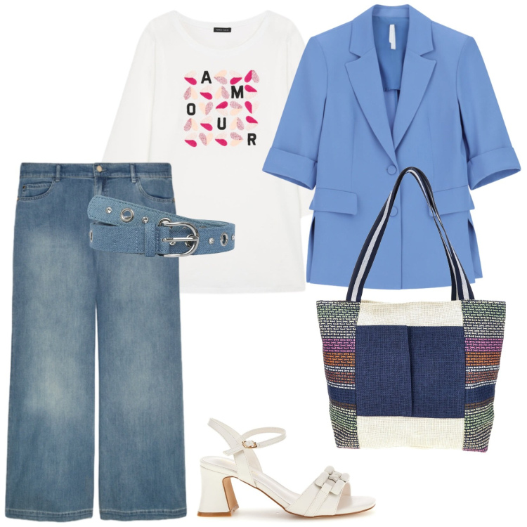 Outfit donna - Tutto in saldo. per Tutti i giorni. Abbinamento con blazer, cinture, jeans dritti, t-shirt, shopping bag, sandali col tacco.